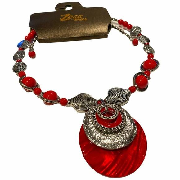 Zevar by Treska Red Silver Statement Pendant Beaded Choker Necklace Boho Art - Picture 4 of 7